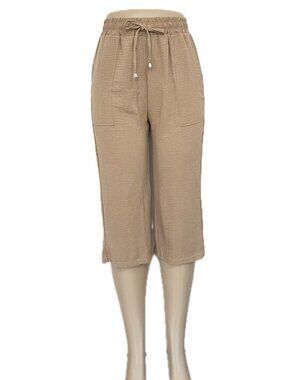 Women Summer Airflow Drawstrings Capris Pants- Beige M/L